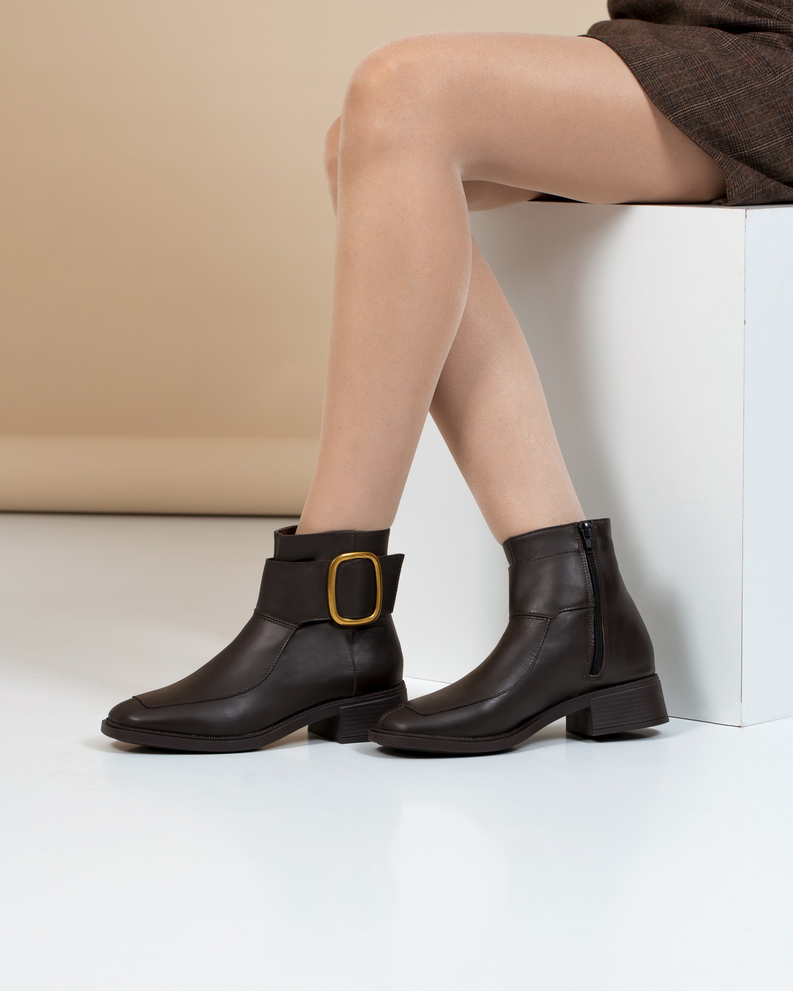 Bottine a Boucle Marron Cuir